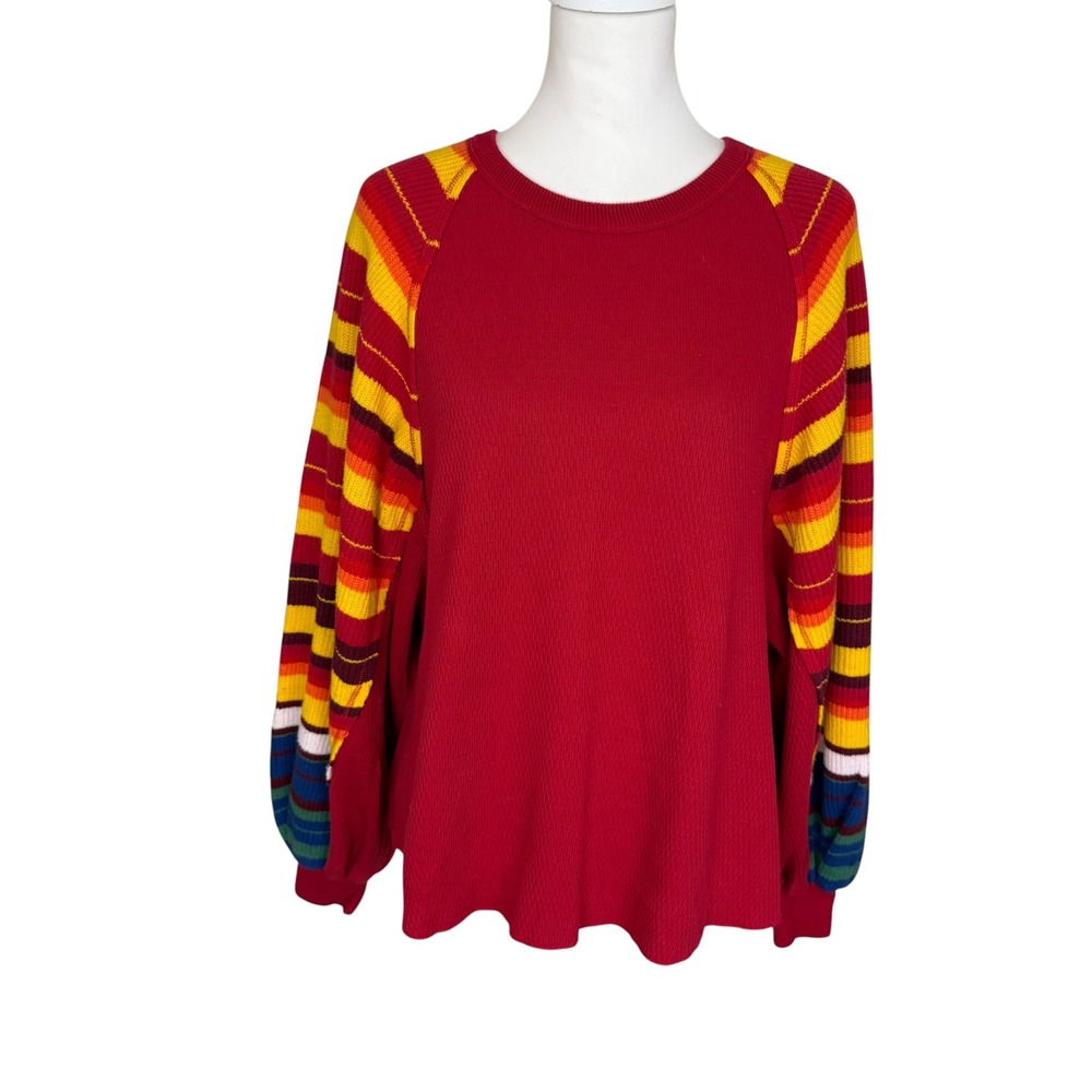 Free People We The Free Red Waffle Knit Striped Balloon Sleeve Thermal Top Small